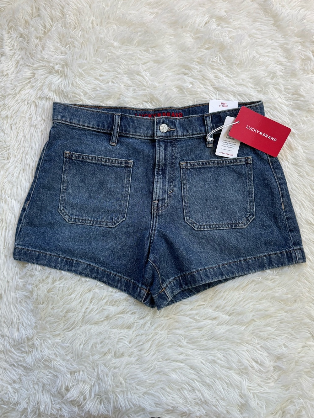 NWT Lucky Brand 5” Baggy Shorts stretch denim patch pockets boho size 8/29